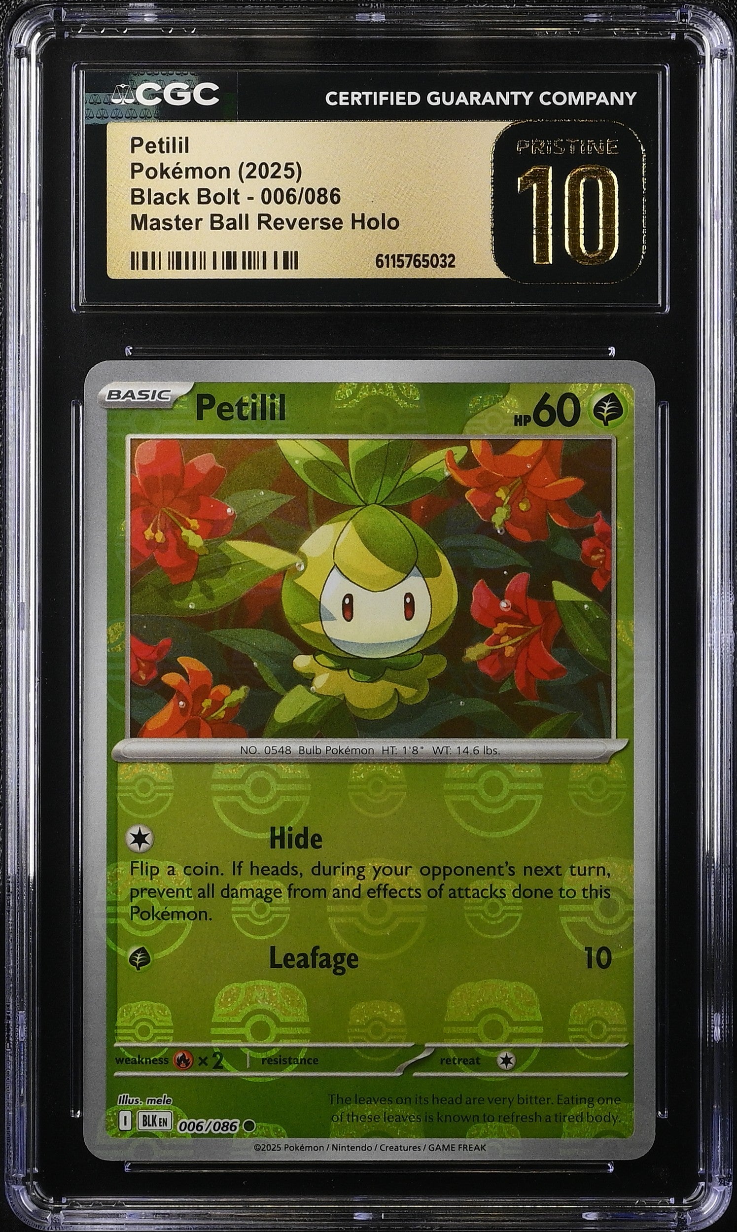 2025 Pokemon Black Bolt Master Ball Reverse Holo Petilil #006 CGC 10 PRISTINE