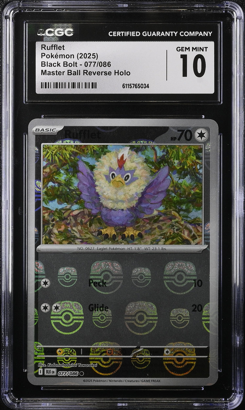 2025 Pokemon Black Bolt Master Ball Reverse Holo Rufflet #077 CGC 10 GEM MINT