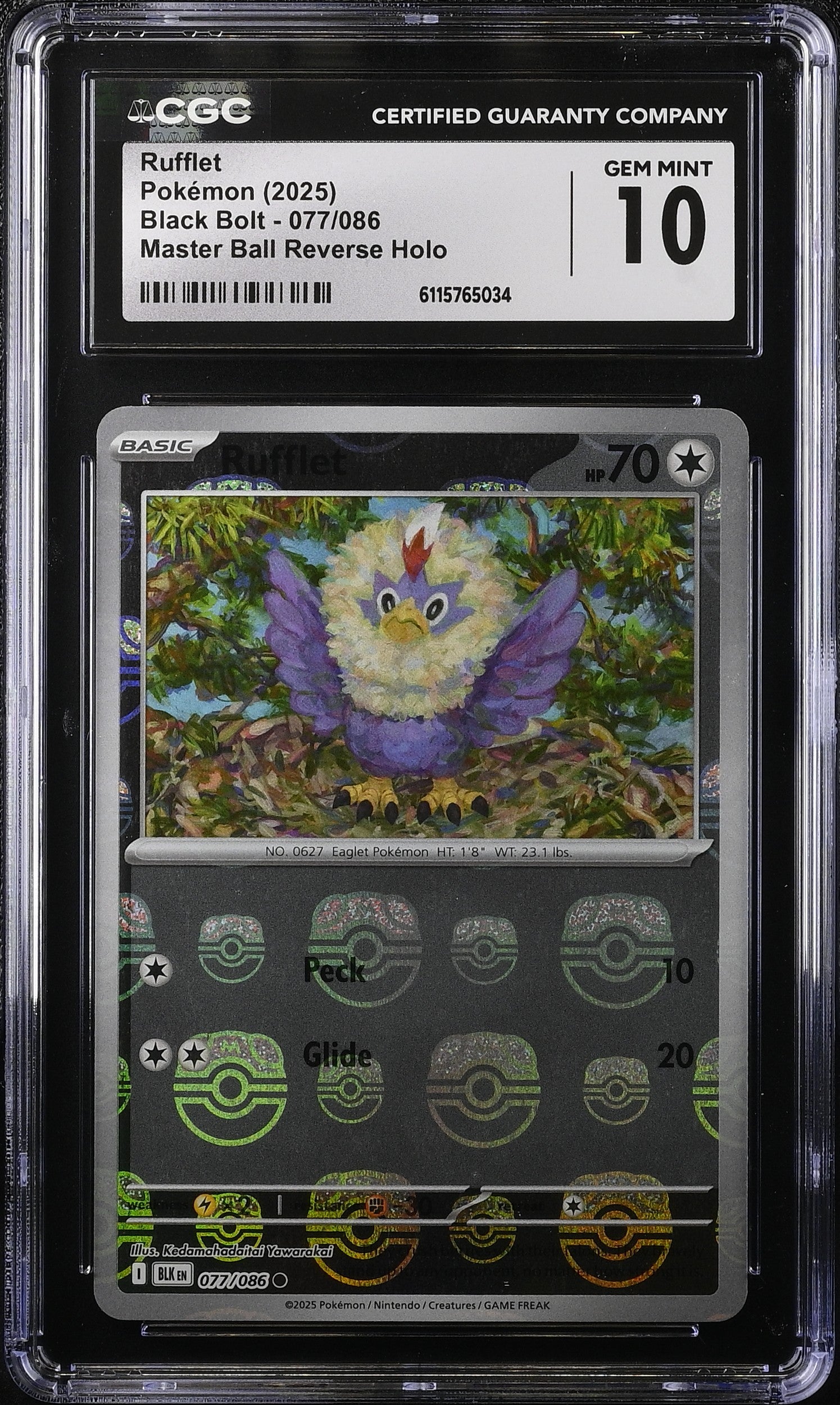 2025 Pokemon Black Bolt Master Ball Reverse Holo Rufflet #077 CGC 10 GEM MINT