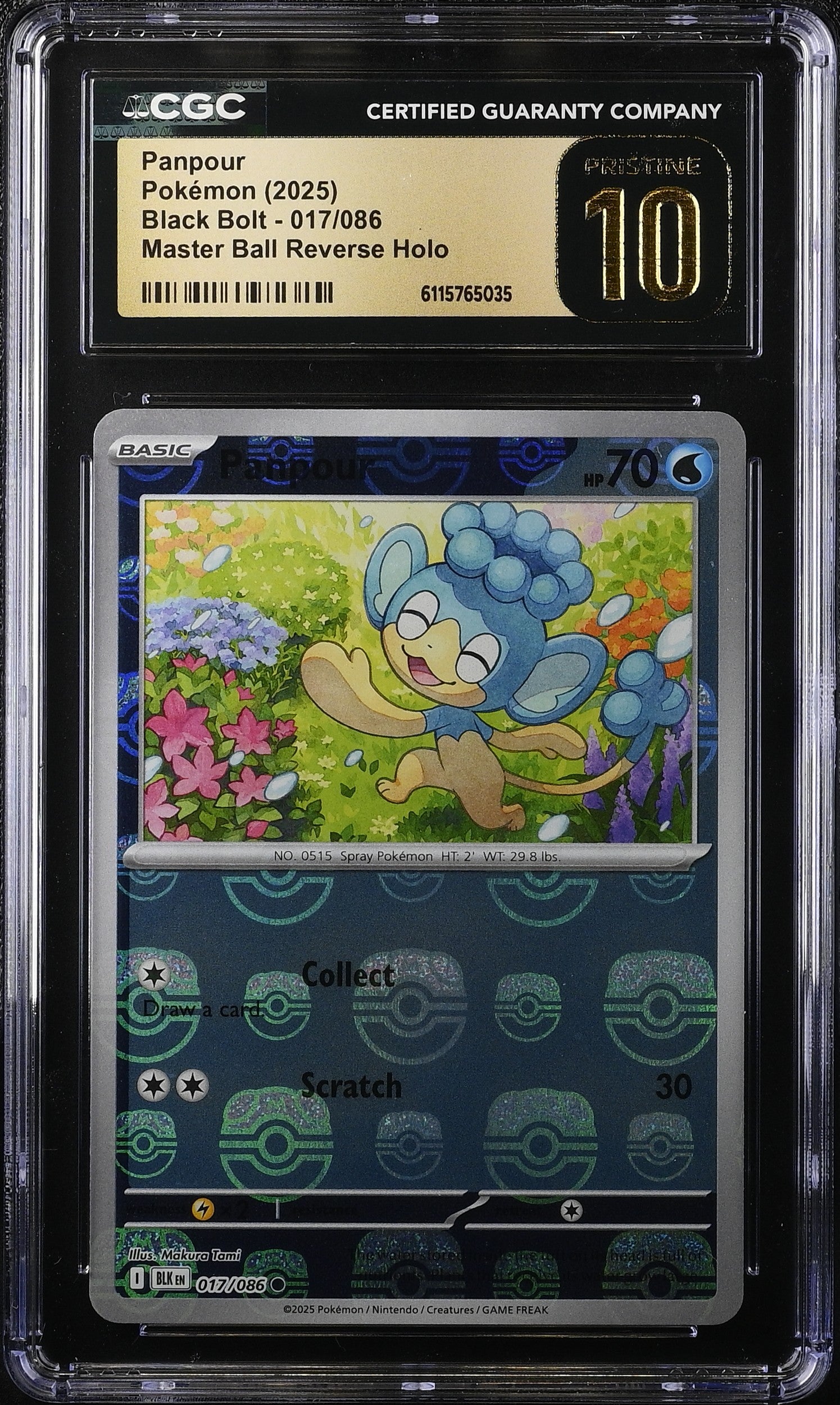 2025 Pokemon Black Bolt Master Ball Reverse Holo Panpour #017 CGC 10 PRISTINE