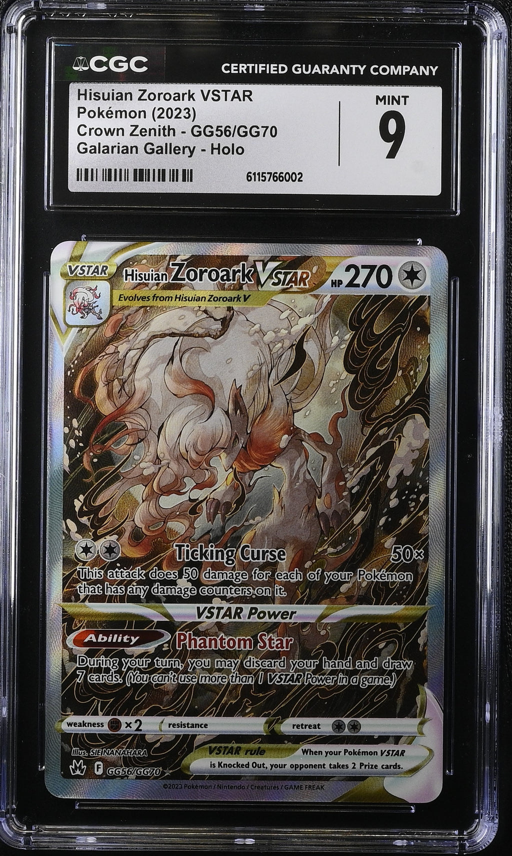 2023 Pokemon Sword & Shield Crown Zenith Alt Art Hisuian Zoroark VSTAR #GG56 CGC 9 MINT