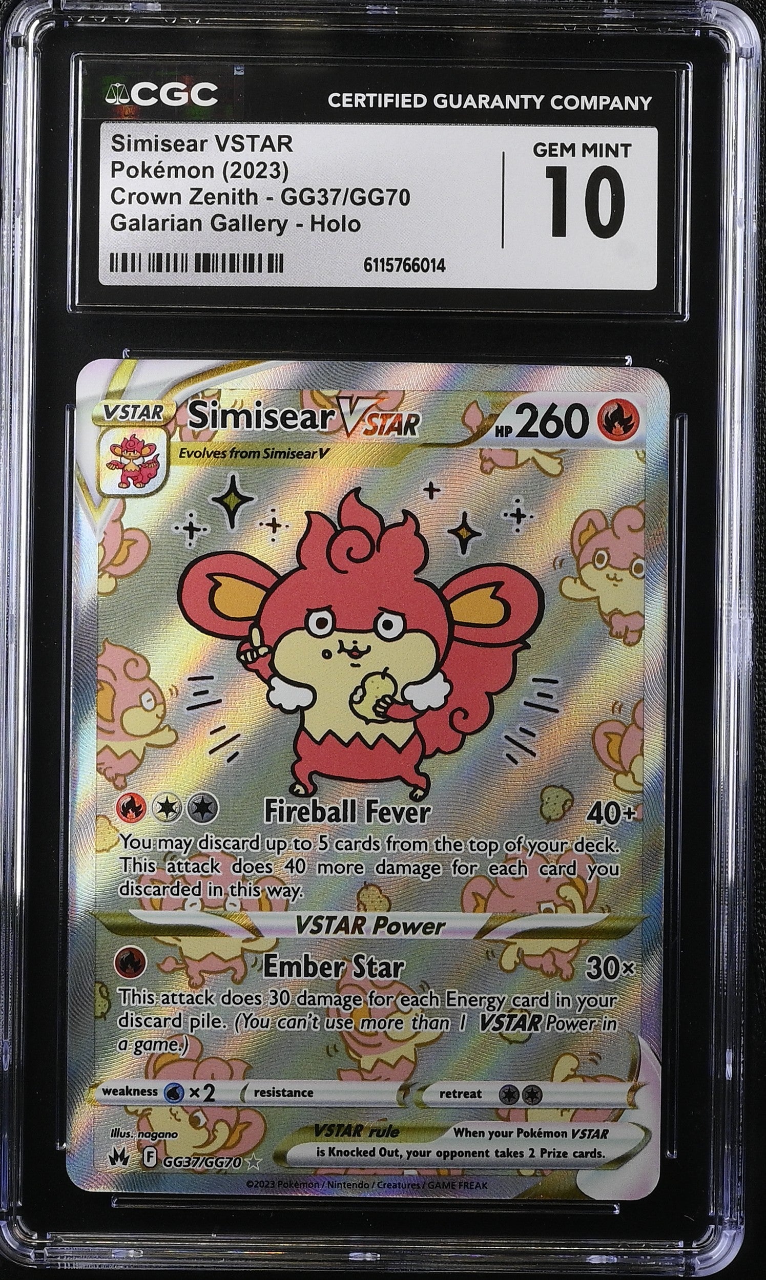 2023 Pokemon Sword & Shield Crown Zenith Alt Art Simisear VSTAR #GG37 CGC 10 GEM MINT