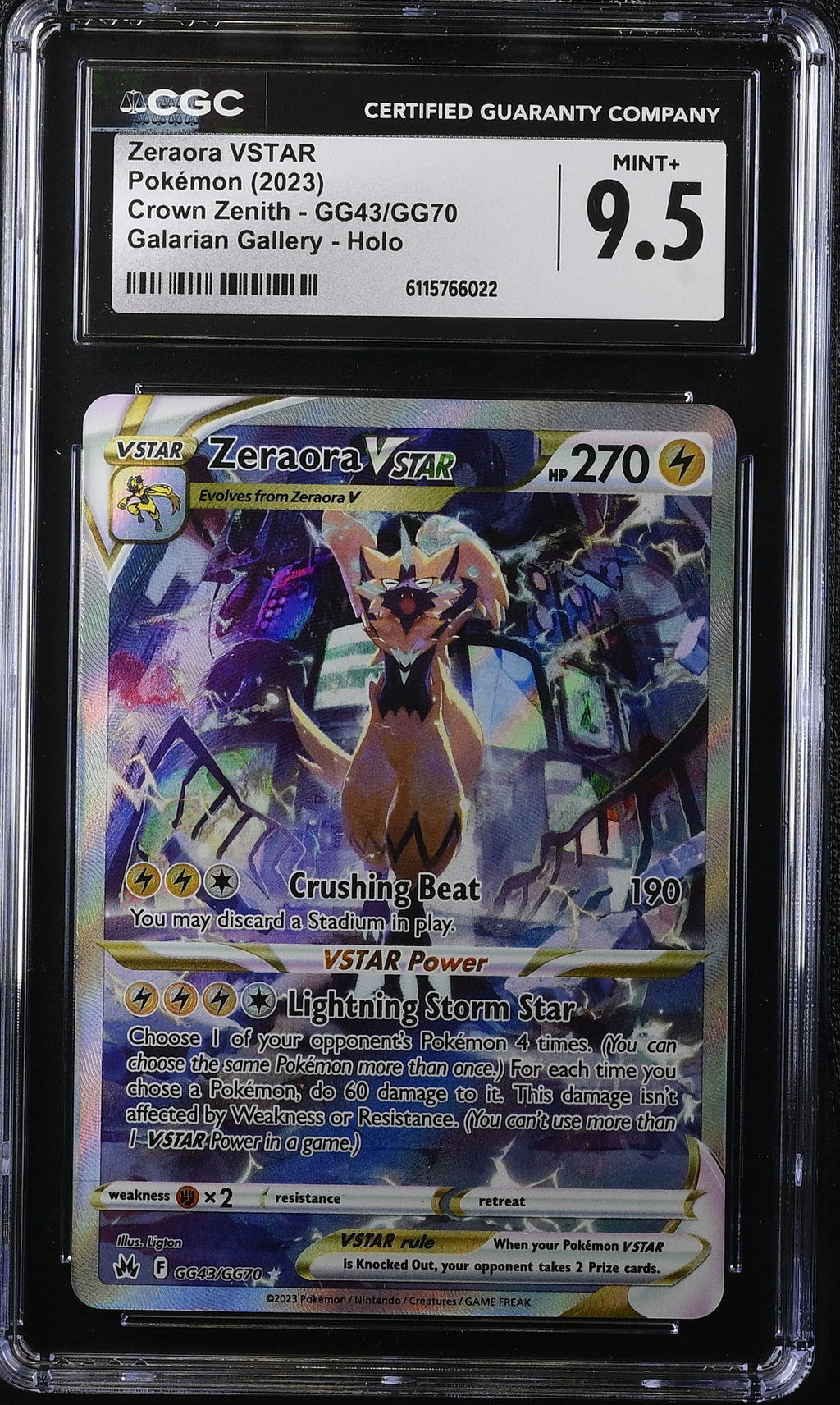 2023 Pokemon Sword & Shield Crown Zenith Alt Art Zeraora VSTAR #GG43 CGC 9.5 MINT+