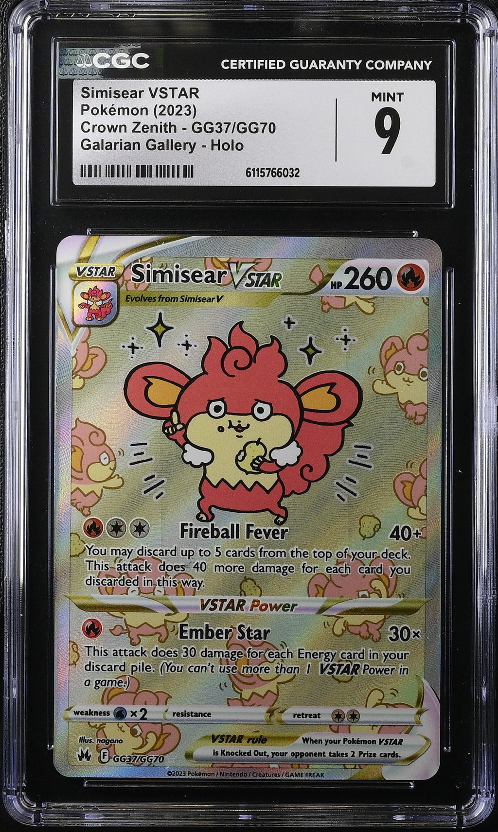 2023 Pokemon Sword & Shield Crown Zenith Alt Art Simisear VSTAR #GG37 CGC 9 MINT