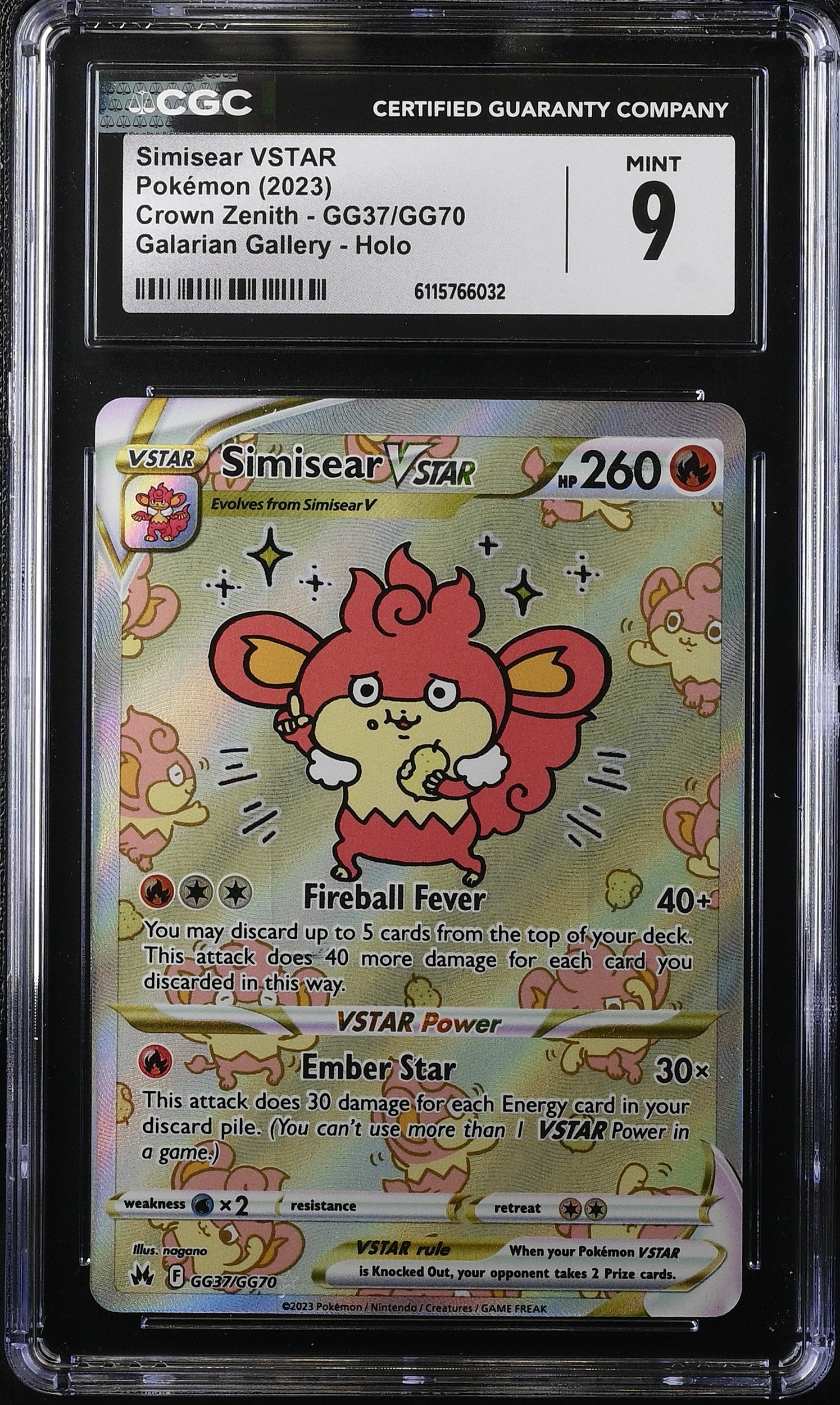 2023 Pokemon Sword & Shield Crown Zenith Alt Art Simisear VSTAR #GG37 CGC 9 MINT