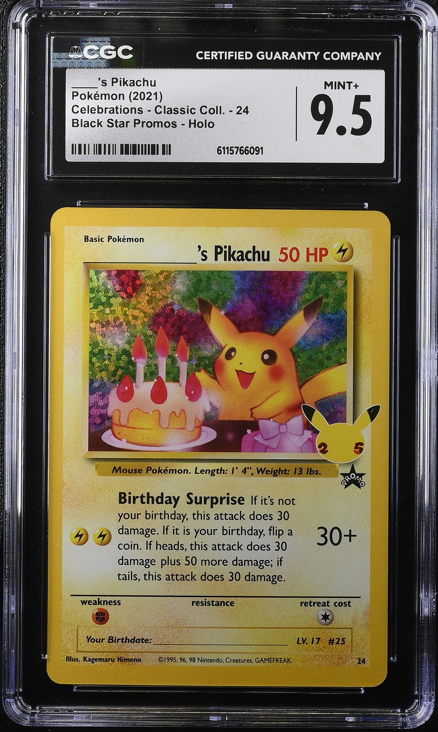 2021 Pokemon Sword & Shield Promo Celebrations Classic Holo Birthday Pikachu #24 CGC 9.5 MINT+