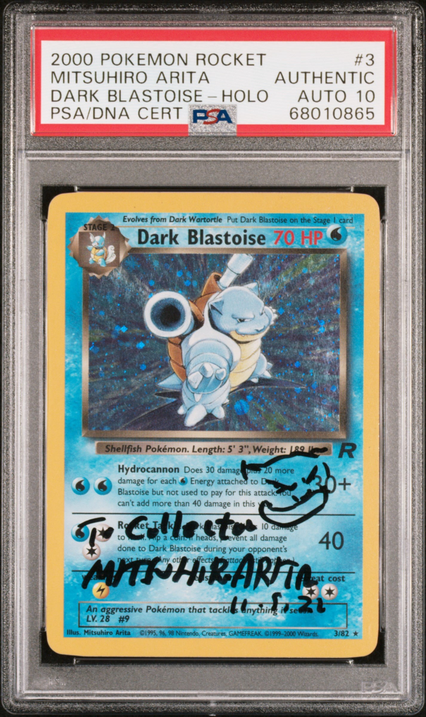 Pokemon - Dark Blastoise-Holo 3 (Unlimited) – Team Rocket (2000) – Signed & Sketched - Mitsuhiro Arita – PSA/DNA Authentic - Auto 10